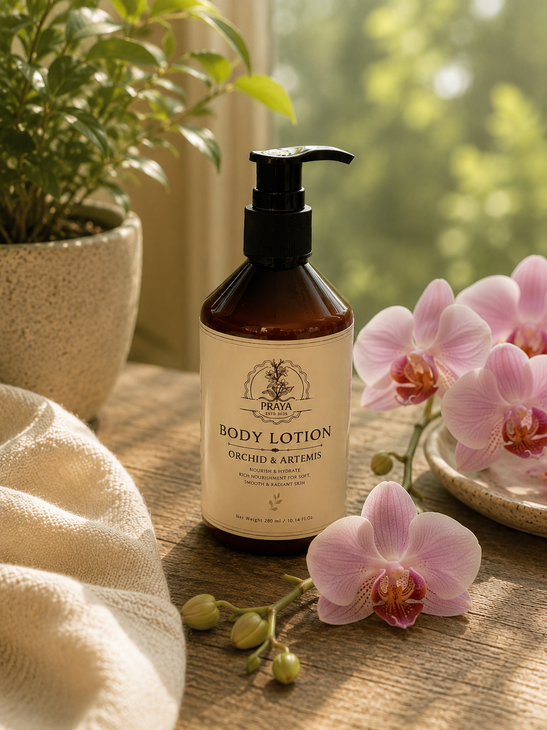 PRAYA Body Lotion Orchid & Artemis with fresh orchid blooms